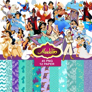 May include: A digital collage featuring characters from the animated film "Aladdin." The image includes various illustrations of Aladdin, Jasmine, Genie, Jafar, and other characters. Below the characters are patterned digital papers in shades of teal, purple, and gold. The image includes the text "Aladdin", "45 PNG", and "12 PAPER."