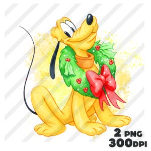 Pode incluir: Ilustração em aquarela de um cão de desenho animado amarelo usando uma coroa de azevinho verde com bagas vermelhas e um laço vermelho. O cão está sentado e olhando para cima. A imagem inclui o texto "2 PNG 300DPI".