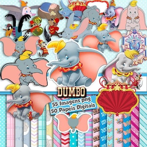 May include: A digital collection of Dumbo the elephant graphics featuring various poses of the character, circus-themed elements, and patterned backgrounds. The text DUMBO, 55 Imagens png, and 50 Papeis Digitais are displayed across the colourful collage.