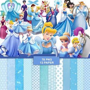 Puede incluir: Una colección digital con varias ilustraciones de Cenicienta, el príncipe, el hada madrina y animales con atuendos azules y rosas, junto a papeles con patrones azules y el texto 78 PNG 13 PAPER.