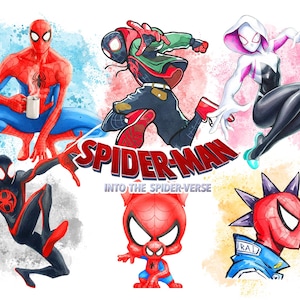 Pode incluir: Ilustração colorida com múltiplos personagens do Homem-Aranha do filme "Spider-Man: Into the Spider-Verse". A arte apresenta várias versões do Homem-Aranha em poses dinâmicas, com o título do filme em destaque.