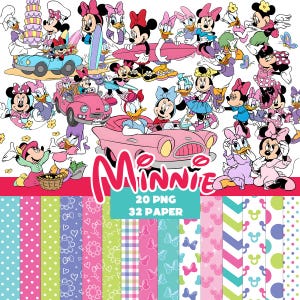 Minnie i Daisy clipart bundle png, różowy bezszwowy wzór cyfrowy