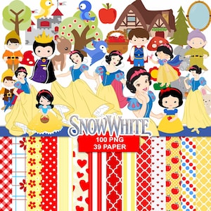 以下が含まれることがあります： 白雪姫をテーマにしたデジタルグラフィックコレクション。キャラクター、城、木、リンゴが描かれ、SNOW WHITE 100 PNG 39 PAPERというテキストがあります。赤、黄、白のハートや花柄のパターンペーパーが含まれています。