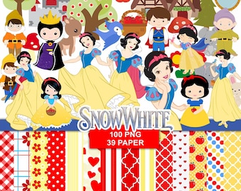 May include: A digital collection of Snow White themed graphics featuring characters, a castle, trees, and apples, with text reading SNOW WHITE 100 PNG 39 PAPER. The set includes various patterned papers in red, yellow, and white with hearts and flowers.