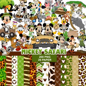 Peut inclure: Une collection numérique montrant Mickey et ses amis en tenue de safari, avec des jeeps, des jumelles et des animaux. L'ensemble comprend 200 images PNG et 26 papiers à motifs avec des imprimés animaliers et des icônes Mickey, marqués MICKEY SAFARI.