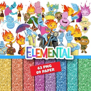 May include: A digital collection featuring various cartoon characters from the movie Elemental, including fire and water figures, with the text ELEMENTAL and a red banner stating 63 PNG 09 PAPER above a series of nine vertical glittery textured panels.