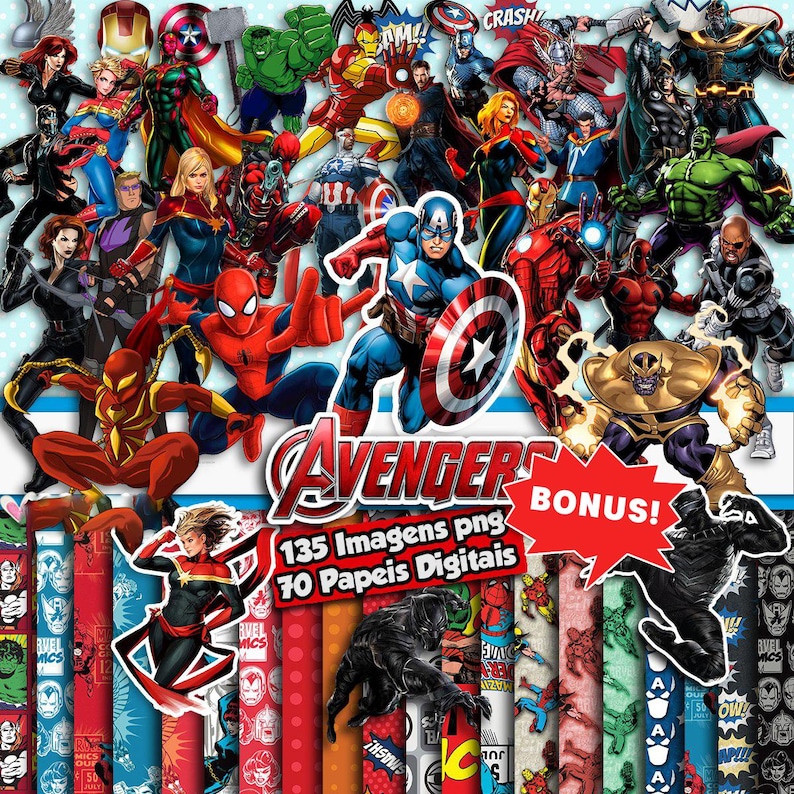 May include: A digital collection featuring various Marvel Avengers characters including Captain America, Iron Man, Hulk, and Spider-Man. The image displays the text Avengers, 135 Imagens png, 70 Papeis Digitais, and BONUS! in a red starburst shape.