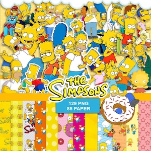 May include: A digital collection of The Simpsons characters including Homer, Marge, Bart, Lisa, and Maggie in various poses. The set features 129 PNG files and 85 digital papers with yellow, pink, and orange patterns, donuts, and character motifs.