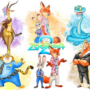 Paquete de imágenes prediseñadas de acuarela de Zootopia 2 (PNG), paquete de Zootopia