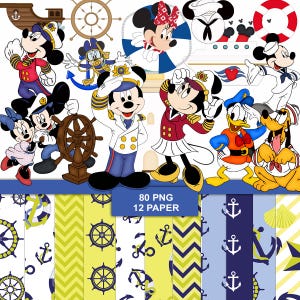 Pode incluir: Uma coleção digital apresentando Mickey Mouse, Minnie Mouse, Pato Donald e Pluto em trajes náuticos, incluindo uniformes de capitão e marinheiro, junto com lemes, âncoras e boias, com padrões de âncoras e ziguezagues.