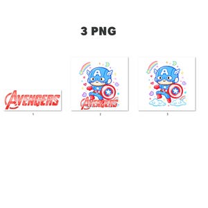 Może przedstawiać: Obraz zawiera trzy grafiki PNG. Jedna grafika przedstawia słowo "Avengers" w czerwonych, stylizowanych literach. Pozostałe dwie grafiki przedstawiają postać z kresk&oacute;wki Kapitana Ameryki z tarczą, tęczą i słowem "Avengers".