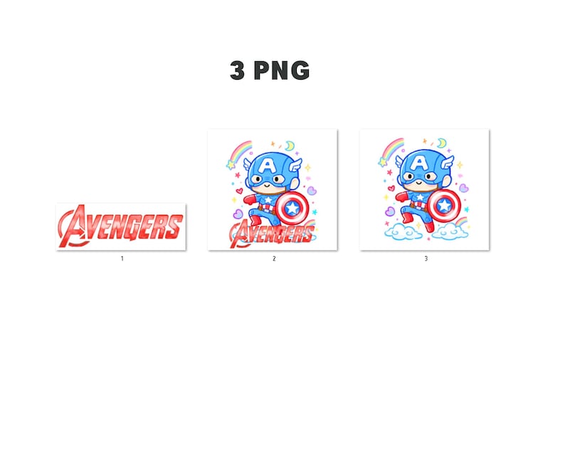 Może przedstawiać: Obraz zawiera trzy grafiki PNG. Jedna grafika przedstawia słowo "Avengers" w czerwonych, stylizowanych literach. Pozostałe dwie grafiki przedstawiają postać z kresk&oacute;wki Kapitana Ameryki z tarczą, tęczą i słowem "Avengers".