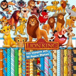 Puede incluir: Colección de arte digital con personajes de El Rey León de Disney. La imagen incluye a Simba, Timón, Pumba y Scar, junto con papeles digitales estampados. El título "The Lion King" se muestra de forma destacada.