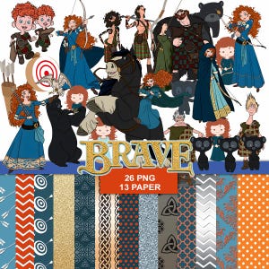 以下が含まれることがあります： アニメ映画「メリダとおそろしの森」のキャラクターとパターンをフィーチャーしたデジタルアート。画像には、主人公、クマ、さまざまな模様の紙のイラストが含まれています。「Brave」の文字が大きく表示され、「26 PNG」と「13 PAPER」も表示されています。