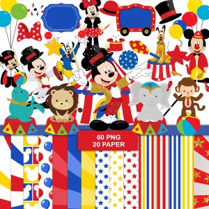 May include: A digital collection of circus-themed graphics featuring Mickey Mouse, Minnie Mouse, Pluto, and Goofy in ringmaster attire, alongside circus animals, balloons, stars, and patterned papers with the text 60 PNG 20 PAPER displayed centrally.