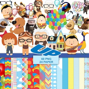 May include: A digital collection of 60 PNG images and 24 patterned papers featuring characters and elements from the movie Up, including Carl, Russell, Dug, Kevin, and the house with balloons. The text UP, 60 PNG, and 24 PAPER is clearly visible.