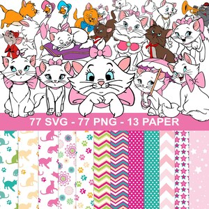 Pode incluir: Uma coleção digital com 77 arquivos SVG e 77 PNG de gatos e gansos de desenhos animados, além de 13 papéis estampados. Os gráficos incluem gatinhos brancos com laços cor-de-rosa, gatinhos laranja e vários fundos geométricos e de animais.