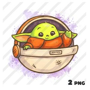 Pode incluir: Uma ilustração digital de uma pequena criatura verde com orelhas grandes e olhos escuros, vestindo uma túnica castanha e sentada dentro de uma cápsula redonda, metálica e de cor creme. O fundo apresenta um efeito de salpico de aguarela violeta claro.