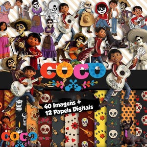 以下が含まれることがあります： アニメ映画「リメンバー・ミー」のキャラクターと要素をフィーチャーした、鮮やかなデジタルアートコレクション。画像には、さまざまなキャラクター、ギター、装飾的なパターンが含まれており、映画のタイトルが大きく表示されています。