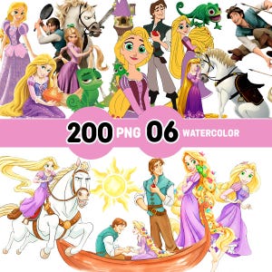 Puede incluir: Una colección de 200 ilustraciones digitales en acuarela en formato PNG con personajes de la película Enredados, incluyendo a Rapunzel con cabello rubio largo, Flynn Rider, el caballo blanco Maximus y el camaleón verde Pascal.