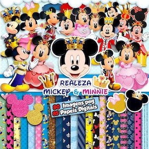 Puede incluir: Colección digital de Mickey Mouse y Minnie Mouse. Las imágenes muestran a Mickey y Minnie con atuendos reales, coronas y elementos decorativos. La paleta de colores incluye rojo, rosa, azul y dorado, con papeles estampados de fondo.