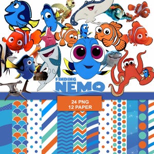 May include: A digital collection featuring Finding Nemo characters including Dory, Nemo, Marlin, Bruce, and Crush, alongside 12 patterned papers with dots, stripes, and scales. The text Finding Nemo, 24 PNG, and 12 PAPER is clearly visible.