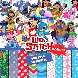 Pode incluir: Uma coleção digital de ilustrações dos personagens de Lilo & Stitch em várias poses, incluindo Stitch, Lilo e Angel, junto com dez papéis com padrões coloridos de flores, chevron e corações, rotulados 100 PNG 10 PAPER.