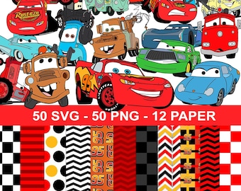 May include: A digital collection featuring various cartoon car characters in red, blue, green, and brown, alongside patterned backgrounds with stripes, polka dots, and chevrons. The image includes the text 50 SVG - 50 PNG - 12 PAPER.