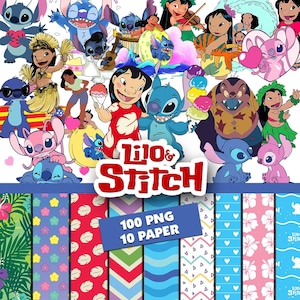 May include: A colorful digital art collection featuring characters from Lilo & Stitch. The image includes various illustrations of Lilo, Stitch, and other characters, along with patterned papers. The text on the image reads "Lilo & Stitch", "100 PNG", and "10 PAPER".
