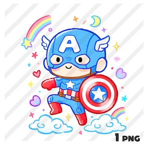 Pode incluir: Ilustração de desenho animado do Capitão América em pose dinâmica, usando seu traje azul e vermelho característico, segurando seu escudo. A imagem inclui um arco-íris, estrelas, corações e nuvens, com o texto "1 PNG" no canto inferior direito.