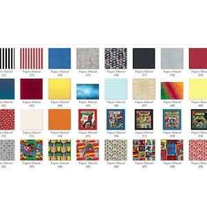 May include: A grid of forty rectangular swatches labeled Papeis Marvel with numbers 31 through 70. The collection includes solid colors, stripes, geometric patterns, and various comic book character illustrations featuring Marvel superheroes.