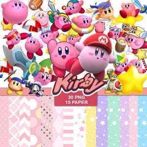 Op de afbeelding: Een verzameling roze Kirby-personages in verschillende poses, sommige met accessoires zoals zwaarden en hoeden. Het woord "Kirby" wordt weergegeven in een gestileerd lettertype, met de tekst "30 PNG 15 PAPER" eronder. De achtergrond bevat patronen.