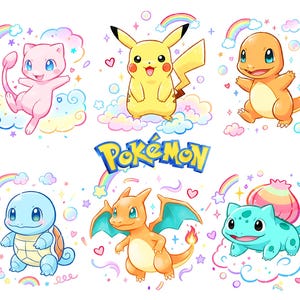 Könnte beinhalten: Bunte Illustration mit sechs verschiedenen Pokémon-Charakteren, darunter Pikachu und Charmander, jeweils vor einem Hintergrund aus Pastellwolken, Regenbogen und Herzen. Das Wort "Pokémon" wird in einer lebendigen, mehrfarbigen Schrift angezeigt.
