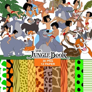 Può includere: Una collezione digitale con i personaggi de Il Libro della Giungla tra cui Mowgli, Baloo, Bagheera, Shere Khan e Kaa, insieme a 12 motivi animalier. Il testo recita The Jungle Book, 30 PNG, 12 PAPER. Le grafiche mostrano vari animali della giungla.