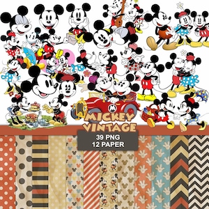 May include: A digital collection featuring numerous illustrations of Mickey and Minnie Mouse in various poses, including driving a red car, with the text MICKEY VINTAGE 39 PNG 12 PAPER. Below are twelve vertical panels with patterns including polka dots, stripes, and character motifs.