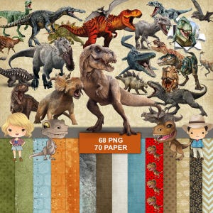 May include: A digital collage featuring various dinosaur illustrations in shades of green, brown, gray, and orange. The image includes a variety of dinosaurs, along with decorative paper patterns and cartoon characters. Text on the image reads "68 PNG 70 PAPER."