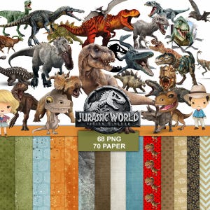 Puede incluir: Una colección digital que presenta varias ilustraciones de dinosaurios, incluyendo un T-Rex, raptores y triceratops, junto al logotipo de Jurassic World Fallen Kingdom. El set incluye 68 archivos PNG y 70 papeles estampados con diversas texturas.
