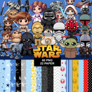 May include: A digital art collection featuring various Star Wars characters in a cartoon style. The image includes characters like Darth Vader, Yoda, and C-3PO, along with Star Wars-themed patterned papers. The words "STAR WARS" are prominently displayed.