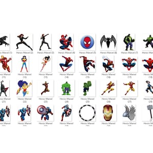 May include: A grid of small square images featuring various Marvel superheroes, including Spider-Man, Hulk, Iron Man, and Captain America, along with the Avengers logo. Each icon is labeled with the text Herois Marvel and a corresponding number.