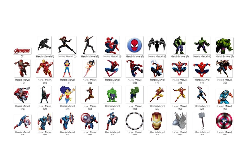 May include: A grid of small square images featuring various Marvel superheroes, including Spider-Man, Hulk, Iron Man, and Captain America, along with the Avengers logo. Each icon is labeled with the text Herois Marvel and a corresponding number.