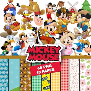 Pode incluir: Uma coleção digital com o Mickey Mouse e amigos em trajes de cowboy, incluindo várias ilustrações de personagens, um logótipo vermelho do Mickey Mouse e dez papéis estampados com motivos como ferraduras, flores e xadrez vichy, totalizando 60 ficheiros PNG.