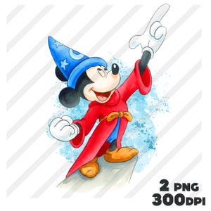 Könnte beinhalten: Aquarellillustration von Mickey Mouse als Zauberer, mit einem blauen Zaubererhut mit Sternen und einer roten Robe. Er zeigt mit einer weißen behandschuhten Hand nach oben. Der Hintergrund hat blaue Aquarellspritzer.