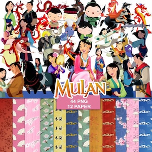 May include: A collection of Mulan-themed digital art elements. The image features various illustrations of characters from the animated film, along with patterned paper designs. The text "Mulan" is prominently displayed, along with "44 PNG" and "12 PAPER".