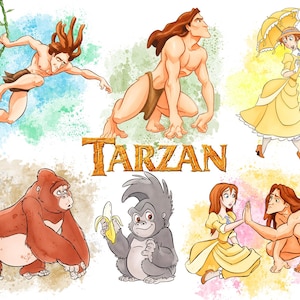 Op de afbeelding: Een verzameling Tarzan-karakterillustraties met Tarzan slingerend aan een liaan, gehurkt en in interactie met Jane. Bevat ook een grote bruine gorilla, een kleine grijze gorilla die een banaan vasthoudt en Jane met een gele paraplu.
