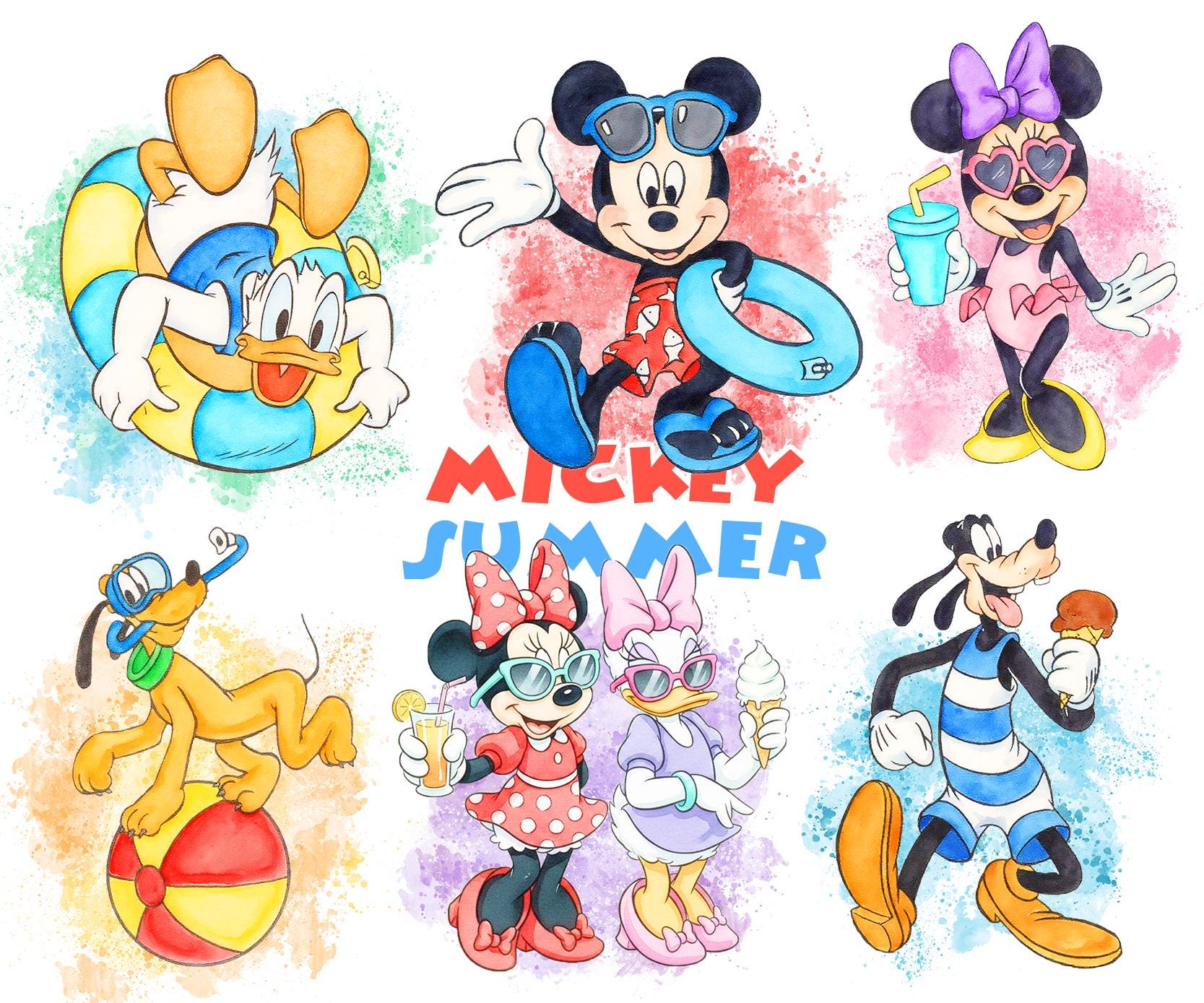 Mickey Pool Party Watercolor Clipart Pack Png, Summer Bundle Pack - Etsy