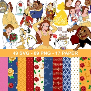 May include: A collection of Beauty and the Beast themed digital art elements. Includes illustrations of Belle, the Beast, and other characters, along with patterned paper designs featuring roses and musical notes. The image also includes the text "49 SVG - 89 PNG - 17 PAPER".