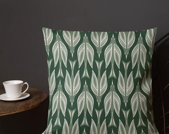 Cojín Art Nouveau con diseño de pájaros (verde esmeralda), cojín vintage con estampado de pájaros, elegante cojín decorativo con motivos naturales, decoración estética para el hogar, cojín con estampado botánico.