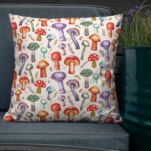Goblincore Mushroom Throw Pillow, Cottagecore Forest Pillow, Watercolor Fungi Decorative Pillow, Nature-Inspired Premium Pillow, Woodland