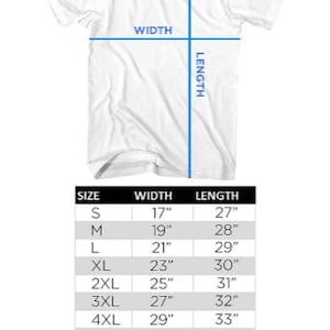 May include: White t-shirt with sizing chart. The chart shows measurements for sizes S to 6XL, with widths from 17" to 33" and lengths from 27" to 35". The text "ADULT S/S T-SHIRT SIZING" is at the top, and "AMERICAN CLASSICS" at the bottom.