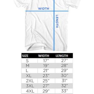 May include: A white short-sleeve t-shirt sizing chart titled ADULT S/S T-SHIRT SIZING. The graphic shows a t-shirt with blue lines indicating width and length measurements. A table lists sizes S through 6XL with corresponding measurements in inches.